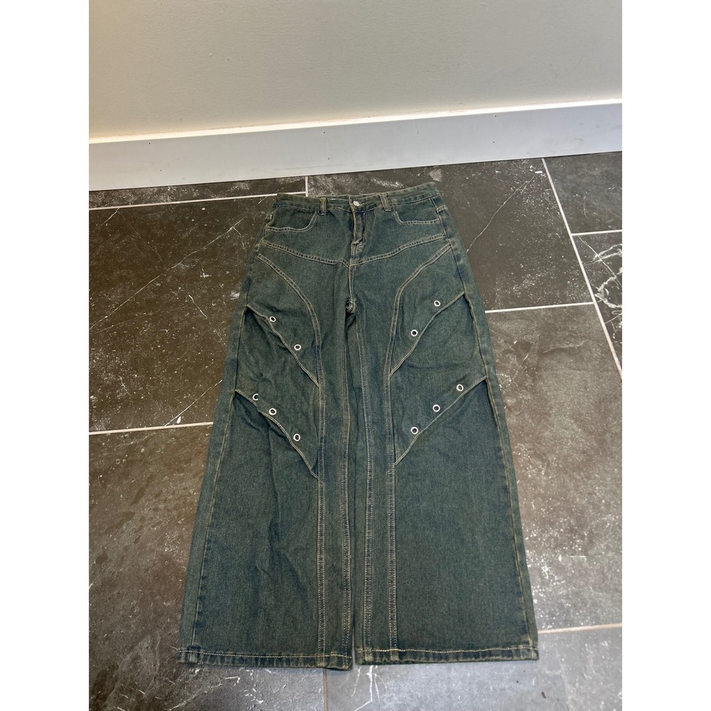 Mens Wide Leg Cargo Denim Jeans Dark Wash Baggy Streetwear Grommet Detail 31x27